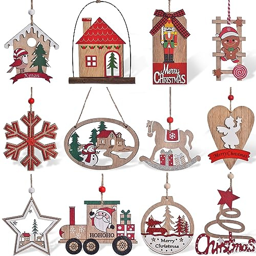 IDATOO Christmas Ornaments, 12 PCS Wooden Christmas Tree Decorations, 3D Rustic Farmhouse Christmas Ornaments Sets Holiday Hanging Decor Keepsake for Party Holiday Home Decor (12pcs Red)