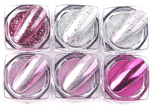 EnMart Chrome Nail Powder Set, 6 Colors Shimmer Nail Art Kit Pink Metallic Effect Mirror Pigment Glitter Dust Kit for Nail DIY Face Body Hair Makeup Crafts Decoration