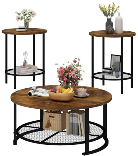 Recaceik Round Coffee Table and End Table Set of 3 with Storage, Modern Vintage Dark Brown Coffee Table and Side Table for Living Room, Office, Apartment, Small Space