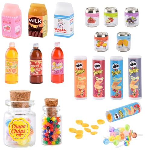 DAOUZL Jouets de Miniatures Alimentaires Boissons, Mini Nourriture Jouet 1/12, 21 Pièces Mini Aliments en Résine Mélangée, Miniature Accessoires Miniatures de Cuisine pour Maison de Poupée