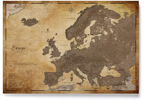 Canvas Europakarte mit Pinnwand Kork zum Pinnen der Reiseziele - Wanddeko für Jeden Raum - Hochwertige Leinwand Bilder mit Europakarte (70x50 cm, Muster 1)