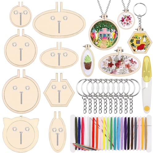 Swpeet 20Pcs Mini Stickerei Hoops Kit mit Schlüsselringen, Faden Und Schere, hölzerner Mini Crossing Stitch Hoop kleiner Ausstellungsrahmen für Kunst Handwerk Nähen und Hängen Ornamente Home Decor