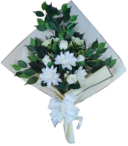 DRW Ramo de Flores para Cementerio Ramo Flores Artificiales para Meter en el Bote Jarron o sobre Sepultura 73x63x20 cm (Blancas dalias)