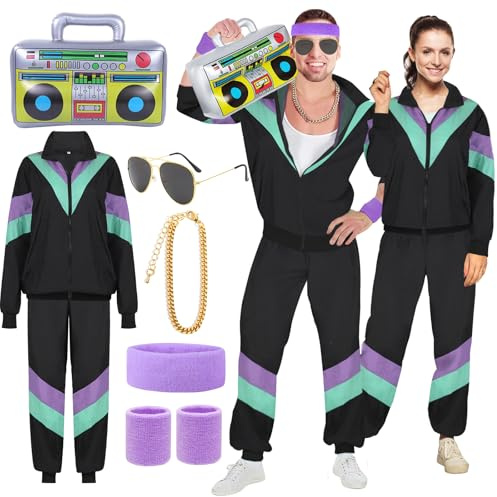 YADODO Déguisement Année 80 90 Femme Homme Costume Annee 80 Survêtement Ensemble avec Veste et Pantalon Deguisement Annee 80 Accessoire Costume Disco Rétro pour Carnaval, Soirée Deguise, Jogging(S)