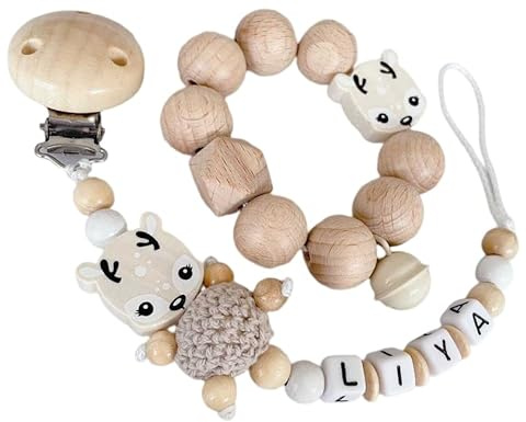 2er Set personalisierte Kette mit Namen Wunschnamen Holz Name | Handmade Babygeschenk zur Geburt für neugeborene (Reh Natur Holz Sand Set)