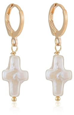 Iutymu Nature Freshwater Cross Earrings - Elegant Christian Jewelry, Beachy Pearl, Baroque Pearl (Gold)
