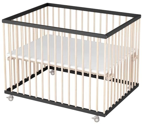 Sämann Laufstall Baby 75x100 cm | TÜV geprüft 2024 | stufenlos höhenverstellbar | Laufgitter Premium | Babybett aus Holz | Krabbelgitter schwarz/natur