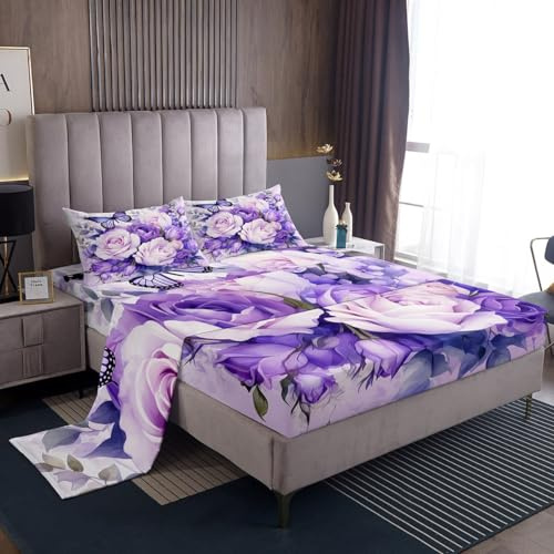 Homemissing Purple Rose Bed Sheets Double Size Purple Butterfly Sheet Set for Girls Women Flower Floral Bed Set Flower Plants Sheets 4Pcs,1 Fitted Sheet+2 Pillow Sham+1 Flat Sheet