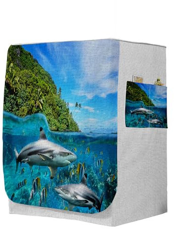 Highdi 3D Housse de Protection pour Machine à Laver, Chargement Frontal Housse à La Poussière avec Ouverture Frontale (Capacité S 6~7,5kg,Requin 9)