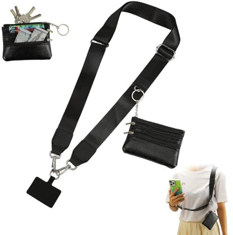 Clip and Go Phone Strap with Zippered Wallet Pouch, Cross Body Phone String with Adjustable Lanyard Charm for Women (Black)