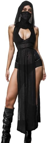 Aucute Abito da donna gotico trasparente, abito senza maniche con collo finto e fessura alta con cappuccio, outfit per festival musicali EDM, nero, L