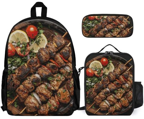 QWJKM Kebab sur assiette en bois Ensemble sac à dos de voyage pour ordinateur portable avec sac à déjeuner isotherme et trousse à crayons, blanc, 30,5 x 14 x 41,9 cm