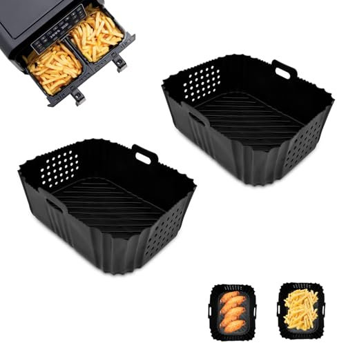 Chiluxendo 2 Pcs Silikonform für Heißluftfritteuse, Wiederverwendbar Air Fryer Silicone Pot, Silikoneinsatz Rechteckig, Silikon Backpapier, Airfryer Zubehör für Backofen, Mikrowelle Kuchenbackform