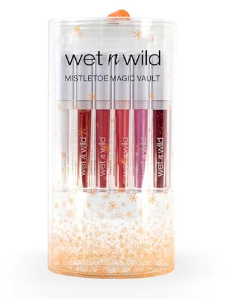 Wet n Wild Mistletoe Magic Vault, Set Lucidalabbra in 6-Pezzi, Infuso con Acido Ialuronico, Collagene, Olio di Girasole e Vitamina E per Labbra Lucide e Rimpolpate, Set Makeup Regalo
