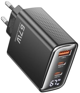 Toocki - Chargeur GaN 67W pour Prises Murales Européennes, 2x USB-C, 1x USB-A, Affichage Digital des Watts, Compatible PD 3.0, QC4+, PPS, pour iPhone, MacBook, iPad, Samsung Galaxy, Xiaomi, Nintendo S