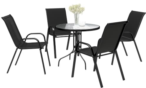 Outsunny 5 Pieces Garden Dining Set 4 Seater Garden Furniture Black | High Back Stackable Chairs, Round Glass Top Table, Outdoor Bistro Set, Parasol Hole, Patio