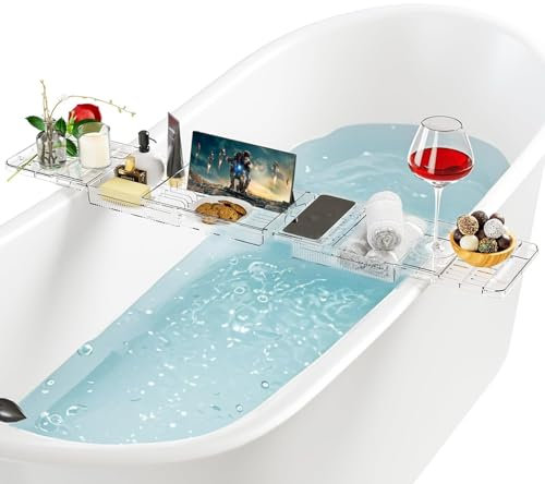 UVVRUR Badewannenablage aus Kunststoff Verstellbar Badewannenablage Transparent mit Wasserablauf Badewannentablett für Tablet und Bücher
