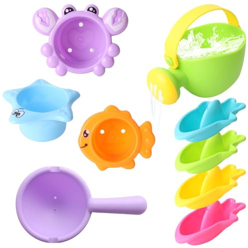 Baby Bath Toys for 1 2 3 Year Olds Boys Girls, 9pcs Water Play Swimming Pool Toys Mold Free Stacking Cups Watering Can Bath Boats Bathtub Present for Toddler Kids 1 2 3 Year Old Gifts