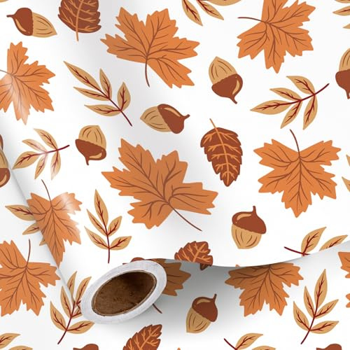 RUSPEPA Rollo De Papel De Regalo Con Hojas Otoñales,Papel De Regalo Con Diseño De Hojas De Arce Y Bellotas Otoñales Para Acción De Gracias, Cumpleaños Otoñales Y Fiestas De La Cosecha, 43,2 Cm X 5 M