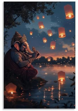 XMHMYHZJ Ganesha Blesses Wandbild, am Rand eines Flusses, schwebende Laternen, die wie stille Gebete in den Horizont treiben, moderne Dekoration, zum Aufhängen, 40 x 60 cm
