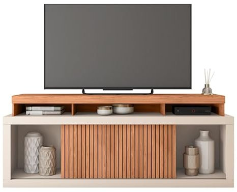 Meuble TV 70 Pouces Chêne et Blanc 2 Portes Coulis. L. 180 H 74 P 39.5 cm