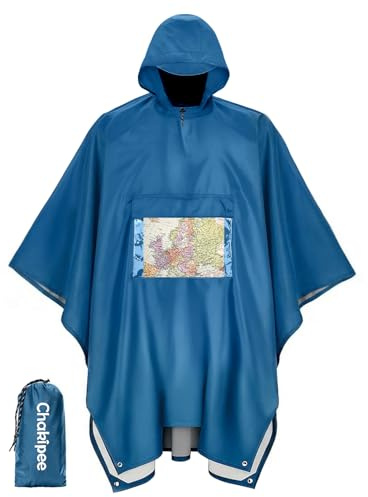 Chakipee Poncho lluvia Impermeable para Adultos, Capa de Lluvia Reutilizable Ligera con Bolsillo Transparente, Chubasquero Poncho Compacto Multiusos para Viaje, Senderismo, Festivales Azul
