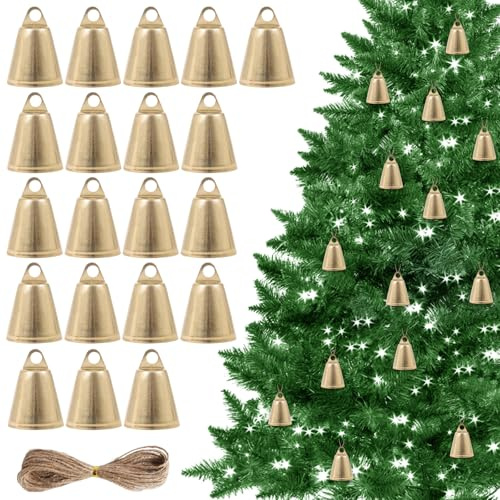 GmeDhc Campanas para manualidades, 20 unidades de campanas de oro cónicas con cuerda de yute de 10 m, campanas para manualidades, decoración de campanas de Navidad, campanas de viento, entrenamiento