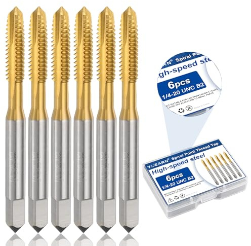 6Pcs 1/4-20 UNC B2 Spiral Point Thread Tap, Titanium Coated HSS 6542 Tapping Tool, Threading Bit for Metal, Wood, and Plastic Drilling