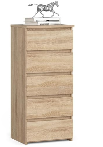 MILORD Kommode CL5 40 cm 5 Schubladen Schrank für das Wohnzimmer, Schlafzimmer, Kinderzimmer, B40 x H92 x T35 cm, Gewicht 21,9 kg (Sonoma-Eiche)