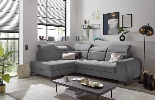 Stella Trading Rockdale Ecksofa in Anthrazit - Moderne Eckcouch in L-Form mit Bettkasten, Kopfteil- und Sitztiefenverstellung - 282 x 90 (105) x 200 cm (B/H/T)
