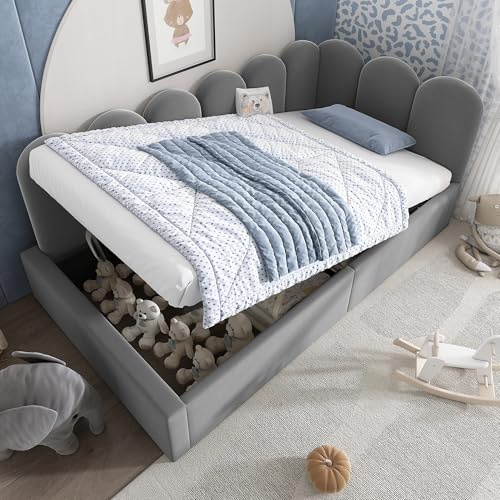Polsterbett Tagesbett 90x200 Einzelbett mit hydraulisches Bettkasten, Stauraumbett Kinderbett Jugendbett Daybett Gästebett Schlafsofa Bettgestell mit Lattenrost aus Metall, Ohne Matratze, Samt, Grau