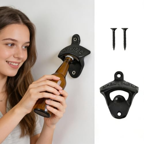 Vintage Cast Iron Wall Mounted Bottle Opener, Rustic Style with Self-Tapping Screws, for Home, Kitchen, Garden, Bar, Hotel (1 Pack, Black)