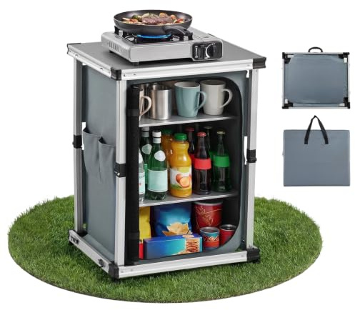 VEVOR Folding Camping Storage Cabinet, Outdoor Portable Lightweight Table | Aluminum Quick Set-up Compact Kitchen Cook Station, with Shelves and Carry Bag, for Picnic, BBQ, Camping, RV Traveling