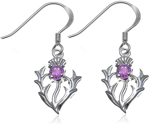 Alexander slott 925 sterling silver skotsk tistel äkta ametist örhängen 12 mm x 10 mm hängande örhängen med smyckespresentask – skotska gåvor för kvinnor flickor tonåringar