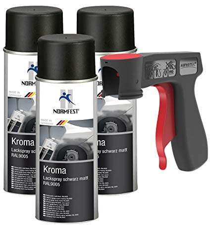 AUPROTEC Pistolengriff + Normfest Lackspray Autolack Schwarz Matt Kroma Sprühlack Farb Spray 3x 400ml