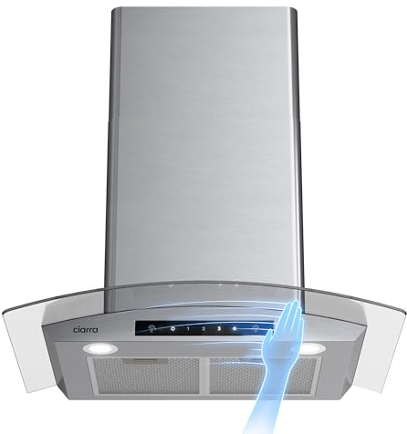 Wall Mount Range Hood 30 inch with Soft Touch Control in Stainless Steel & Tempered Glass, Stove Vent Hood for Kitchen with 3 Speed Fan, Permanent Filters, Ductless Convertible Duct, CIARRA CAS75502