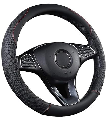 UIHOL Lenkradbezug Leder, Heavy Duty Auto Lenkradhülle Lenkrad Abdeckung 38CM / 15'' Anti Rutsch Universal Lenkradabdeckung Lenkradschoner - Schwarz & Rot (+Auto Mülleimer)