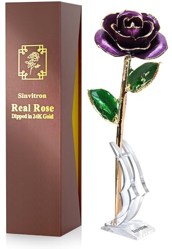 Sinvitron Gold Dipped Infinity Rose Forever Flower Decor, Resin Preserved Real Rose Birthday Gift for Women, Anniversary Present for Mom (Purple)
