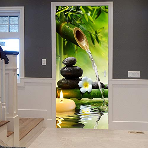 A.Monamour Türtapete Selbstklebend Türfolie Türposter 3D Yoga Meditations Grüne Bambus Wasser Natürliche Landschaft Vinyl Folie Türdeko Tapete Wandbild Türaufkleber Türtattoo 77 x 200 cm