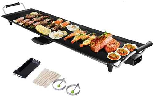 TANGZON Electric Teppanyaki Table Grill, 1800W Non-Stick Barbecue Griddle with 6 Wooden Spatulas and 2 Unsticking Rings, Portable Family Party Tabletop BBQ Hot Plate for Indoor Outdoor (90x23cm)