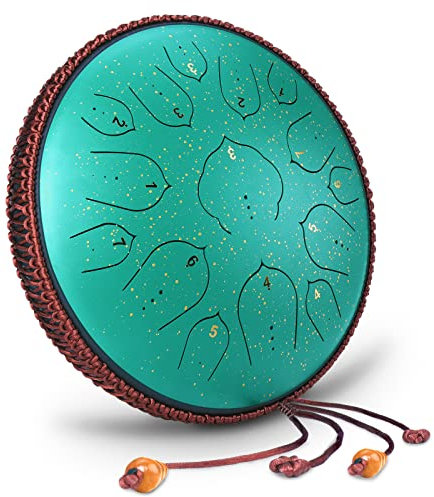 Tongue Drum Zungentrommel Groß Stahlzungentrommel Ätherische Trommel D Dur 14 Zoll 15 Tone Steel Tongue Drum Handpan Instrumente für Yoga,Meditation,Klangheilung (mit Tragetasche, Drumsticks)