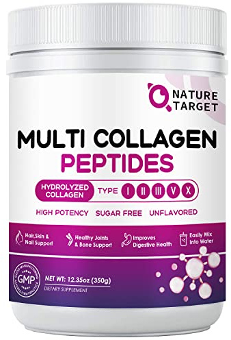 NATURE TARGET Multi Collagen Peptides Powder - Type I, II, III, V, X - Hydrolyzed Collagen Peptides with Vitamin C Hyaluronic Acid, Supports Skin Hair Nail & Joint, Grass-Fed, Non-GMO, 35 Servings