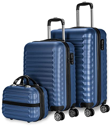 NUMADA - Set di Valigie 3pzs (53/63cm) e Borsa da Toilette Blu Navy, ABS Resistente, Leggero con 4 Ruote Doppie e Lucchetto Combinazione Laterale