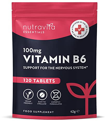 Vitamin B6 100mg - 120 Vitamin B6 High Strength Vegan Tablets – B6 Vitamins to Support Normal Function of The Immune and Nervous System - Contributes to Reduction of Tiredness and Fatigue - Nutravita