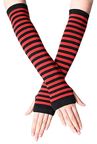 B-HOT Warme fingerlose Handschuhe, dehnbar, gestrickt, Daumenloch, Sonnenschutz, lange Arme, gestreift