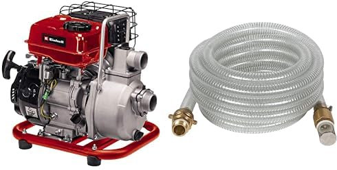Einhell Pompe d’évacuation thermique GC-PW 16 (1.6 kW, moteur 4 temps, avec 2 adaptateurs pour tuyaux + colliers) & Accessoire Kit tuyau d'aspiration translucide 7 mètres avec embouts en Laiton