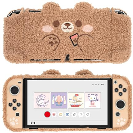 GeekShare Jolie Coque de Protection en Peluche Compatible avec la Console Switch OLED et Joy Con - Absorption des Chocs et Anti-Rayures - Ours en Peluche