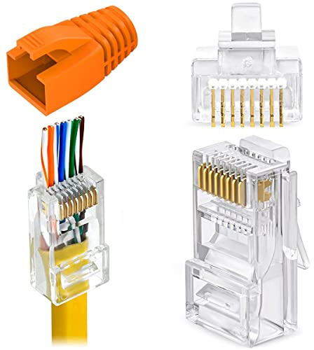 Greluma 12 Stück RJ45 CAT6 Pass-Through-Steckverbinder, Vergoldeter CAT6A-Netzwerkstecker, CAT 6-Enden mit Zugentlastung-Schuhen
