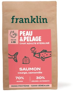 Franklin - Croquetas de gato esterilizado - 6 kg - sin cereales - 70% de carne - Hipoalergénico - Salmón, Calabaza, Manzanilla