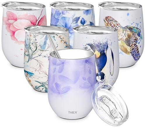 THILY Stainless Steel Insulated Wine Tumbler Stemless Wine Glass with Lid and Straw, Splash-Proof, Cute Travel Cup for Coffee, Cocktails, for Women, Mother, Wife, Girls, Violet Leaves